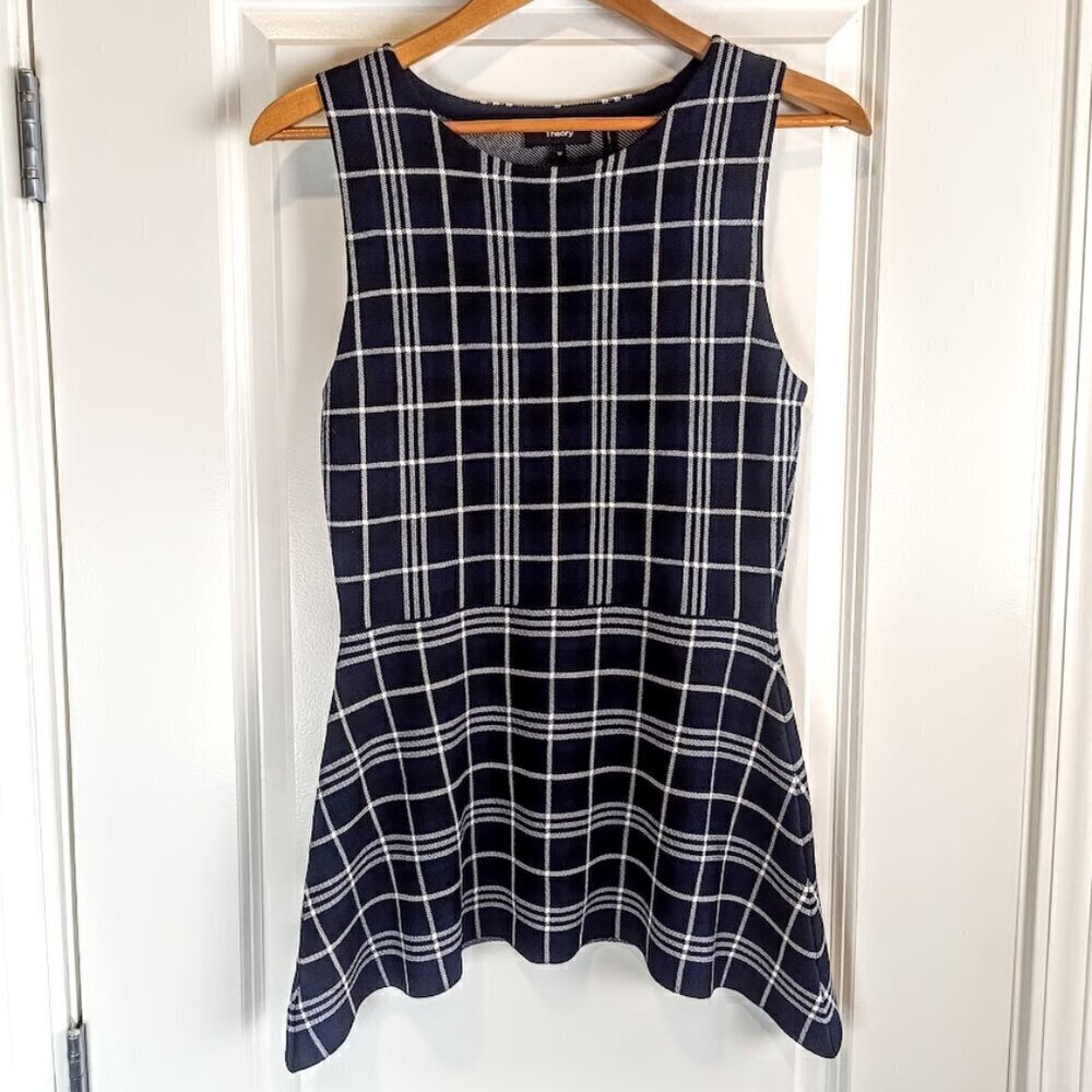 Theory Kalora Lustrate Plaid Peplum Sleeveless Top - Picture 2 of 5